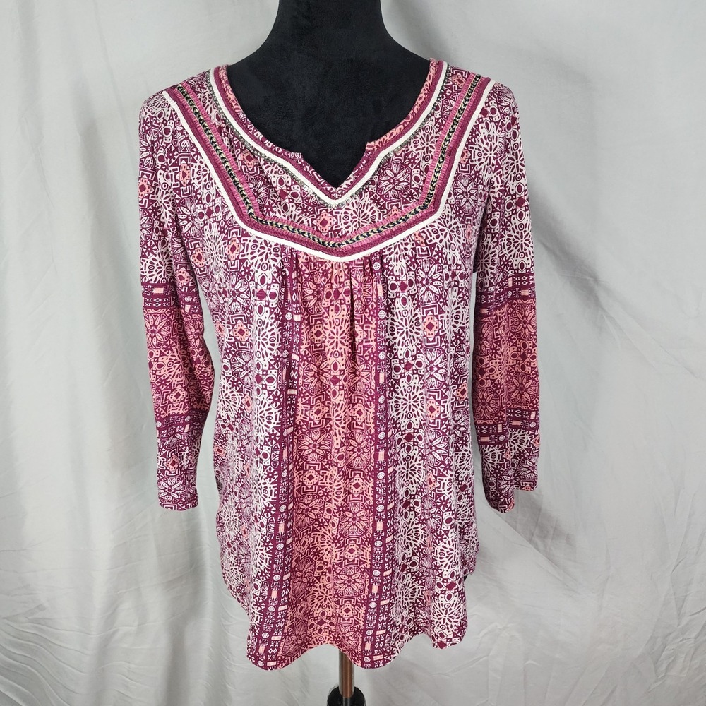 RED CAMEL Size Medium 100% Cotton Beaded Pleated Geometric Pink Floral Blouse - Picture 2 of 10